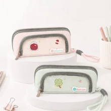 Yescholar 1pc Large Capacity Multi-Compartment Pencil Case, Double Zipper Pen Bag With Transparent Front Pocket, Mesh Pocket, Pen Holder & Wrist Strap, Portable Stationery Organizer For Girls, Teens & Students - Large Capacity Pencil Pouch - View 3