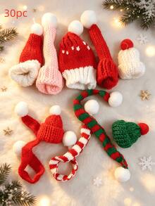 50pcs Mini Knitted Christmas Hats & Scarves Decorations, Christmas Wine Bottle Decor, DIY Handmade Miniature Knitted Toppers, Christmas Tree & Tabletop Holiday Decoration, Assorted Styles - A - View 9