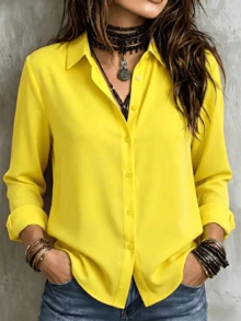 Blusa Casual De Moda Para Mujer Sólido Camisa - Amarillo - Ver 1
