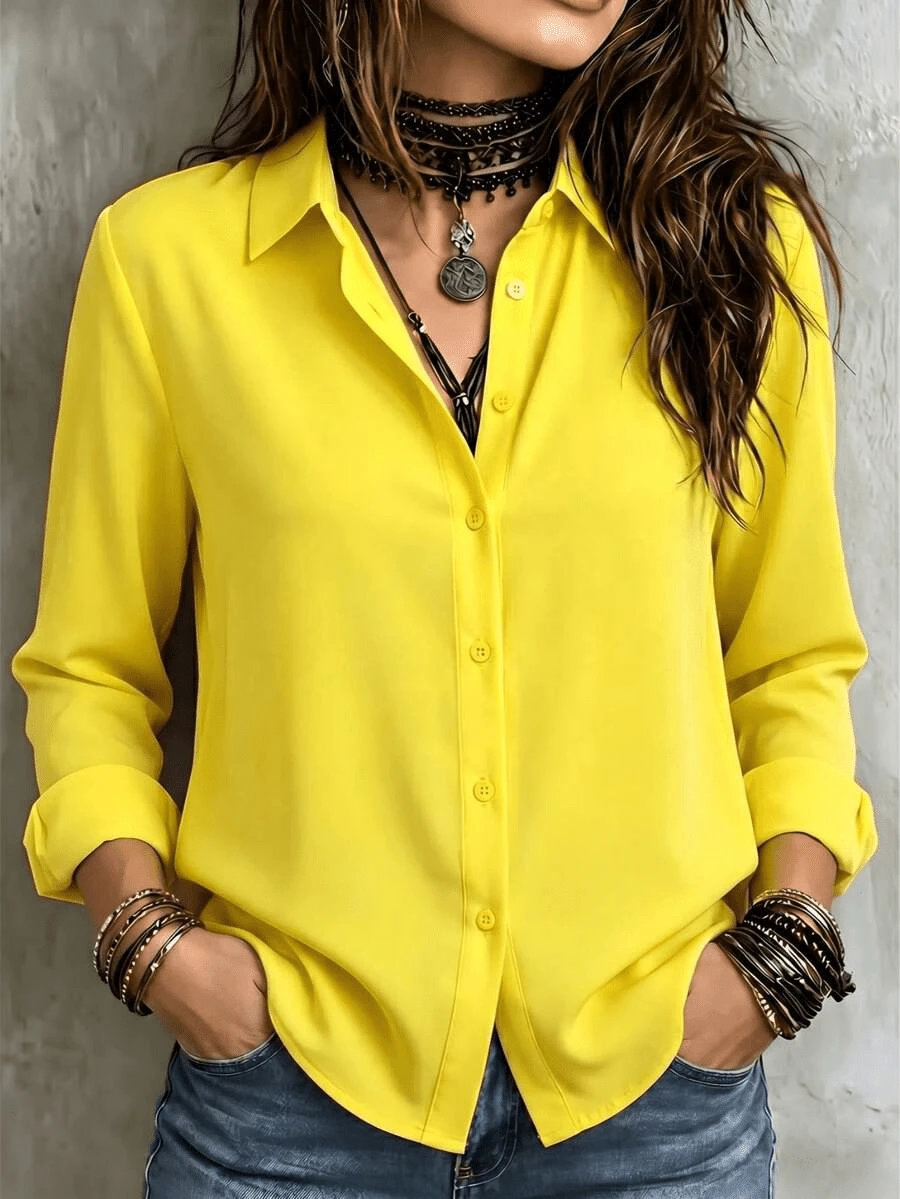 Blusa Casual De Moda Para Mujer Sólido Camisa - Amarillo - Ver 1