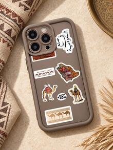 Saudi Arabia Sticker Collage Phone Case, Desert Camel Arabic Text Saudi Map +966 Area Code Mocha Brown Border Full Coverage Shockproof Soft Protective Cover Compatible With IPhone 18 17 16 15 14 13 12 11/Pro/ProMax/X/XR/XS/XSMAX/7/8/PLUS Compatible With Samsung/Honor - Khaki - View 1