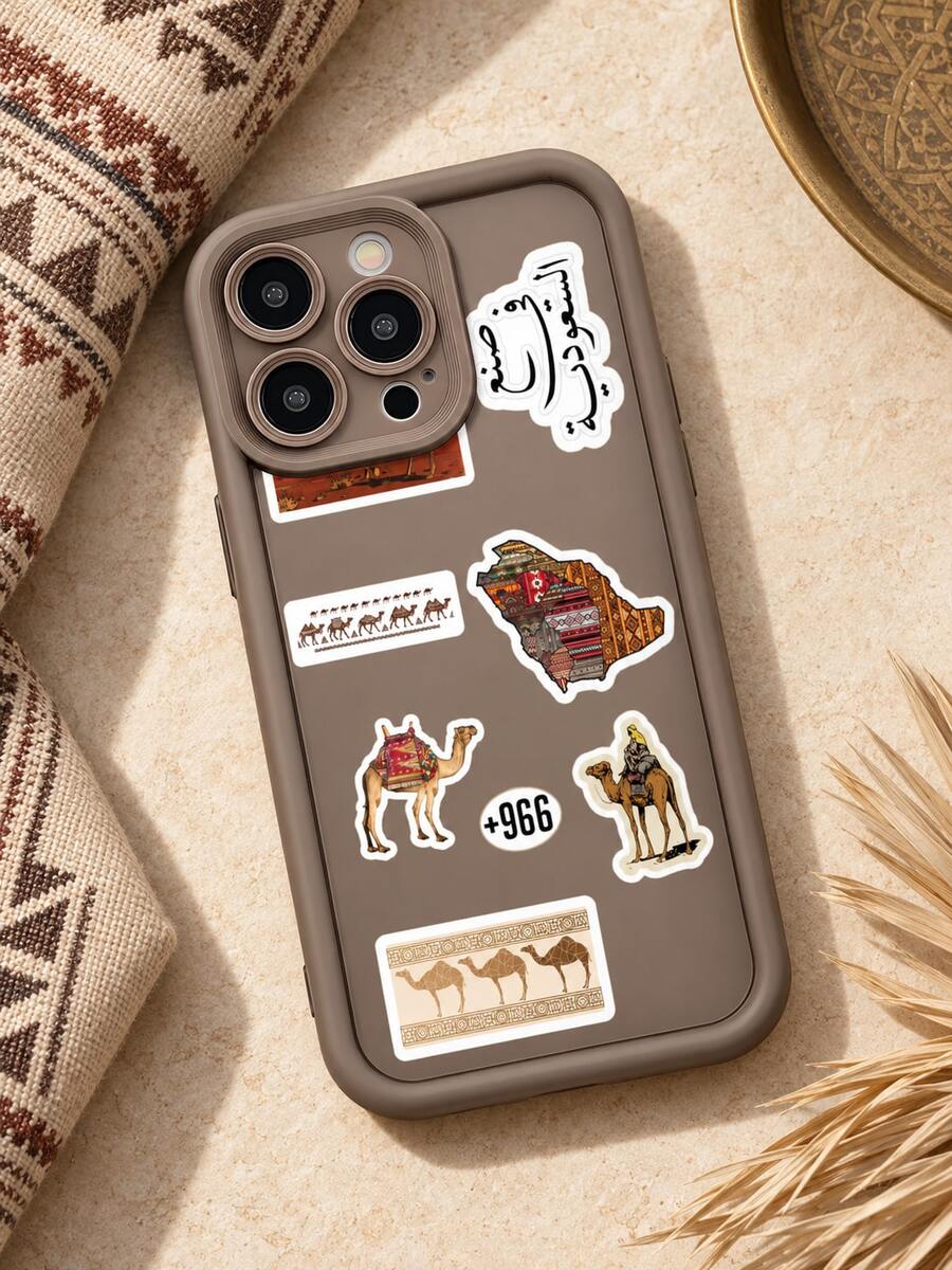 Saudi Arabia Sticker Collage Phone Case, Desert Camel Arabic Text Saudi Map +966 Area Code Mocha Brown Border Full Coverage Shockproof Soft Protective Cover Compatible With IPhone 18 17 16 15 14 13 12 11/Pro/ProMax/X/XR/XS/XSMAX/7/8/PLUS Compatible With Samsung/Honor - Khaki - View 1