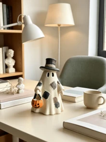 1pc Vintage Patchwork Ghost Resin Ornaments Cute Ghost Figures With Floral Bow And Top Hat Pumpkin Bucket Halloween Rustic Home Table Decor - Patch Ghost - View 5