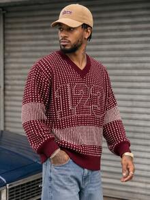 BLACKTOEXIT Men's V-Neck Loose Drop Shoulder American Vintage Street Digital Jacquard Plaid Pullover Knit Sweater, Autumn/Winter - Red - View 2