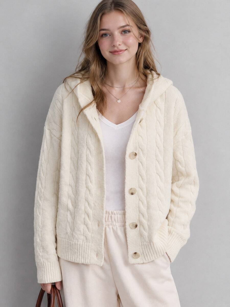 Jaket Kardigan Hoodie Wanita Musim Gugur/Dingin Desain Rajut Kabel Minimalis dengan Bordir Kecil di Dada Depan - Krem - View 1