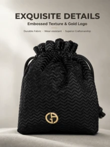 Armani Luxury Black Herringbone Drawstring Pouch, Portable Soft Textured Cosmetic Storage Bag, Makeup And Jewelry Organizer - Black Herringbone Drawstring Bag - View 2