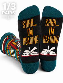 1/3 Pairs Unisex Creative Reading Theme Mid-Calf Socks, Letter & Book Pattern, Personalized Socks For Book Lovers, Casual Home Daily Wear, Gift Socks - Multicolor - View 1