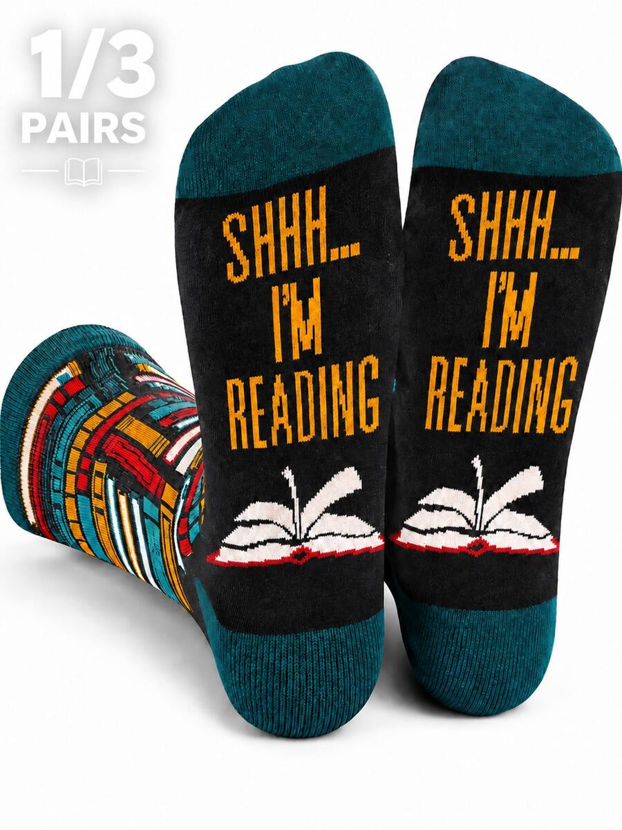 1/3 Pairs Unisex Creative Reading Theme Mid-Calf Socks, Letter & Book Pattern, Personalized Socks For Book Lovers, Casual Home Daily Wear, Gift Socks - Multicolor - View 1