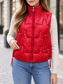 جاكيت نسائية خفيفة الوزن مبطنة بياقة واقفة، جاكيت بدون أكمام مبطن بنقوش هندسية مع سحاب وجيوب وحافة برباط شد - الأحمر - مشاهدة 1
