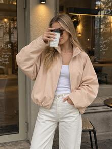 Women's Autumn Stand Collar Zipper Long Sleeve Casual Short Jacket - Pink - View 4