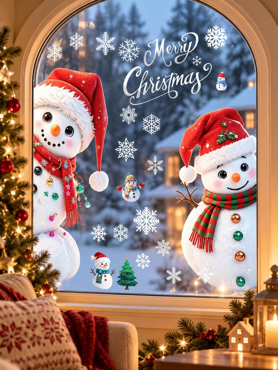 1pc Peeking Snowman Window Sticker, Snowman Snowball Static Cling Window Decal, Christmas Fun Holiday Decoration Glass Sticker, Glue-Free Reusable Electrostatic Sticker, Home Decor Christmas Window Beautification Sticker, Suitable For Bedroom, Living Room, Storefront, Glass And Home Holiday Decoration - Multicolor - View 1