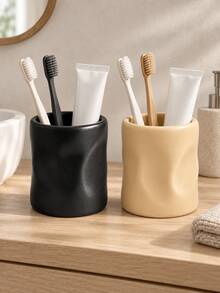 1pc Asymmetrical Wavy Texture Toothbrush Holder, Matte Pleated Toothpaste And Makeup Brush Storage Cup, Minimalist Wabi-Sabi Style Black & Beige Bathroom Vanity Office Desk Home Decor - Multicolor - View 5