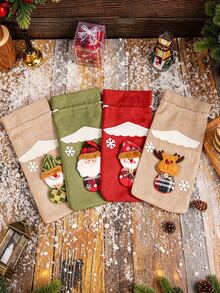 Christmas Linen-Like Drawstring Wine Bottle Bags, Santa Claus, Snowman & Reindeer Wine Bottle Covers, Xmas Table Decorations For Home Kitchen Dinner Party, Perfect Holiday Gift - View 7