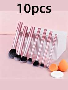 1/7/10pcs Multi-Functional Makeup Brush Set, Including Powder Brush, Blush Brush, Foundation Brush, Eyeshadow Brush, Blending Brush, Contour Brush, As Well As A Beveled Round-Head And White Powder Puff - Pink - View 9