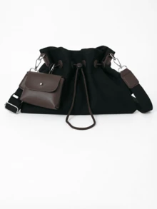 Women Color Block Drawstring Tote Crossbody Bag,Detachable Mini Coin Purse,Adjustable Strap,Large Capacity,Casual Preppy For Daily Commute Shopping - Black - View 12