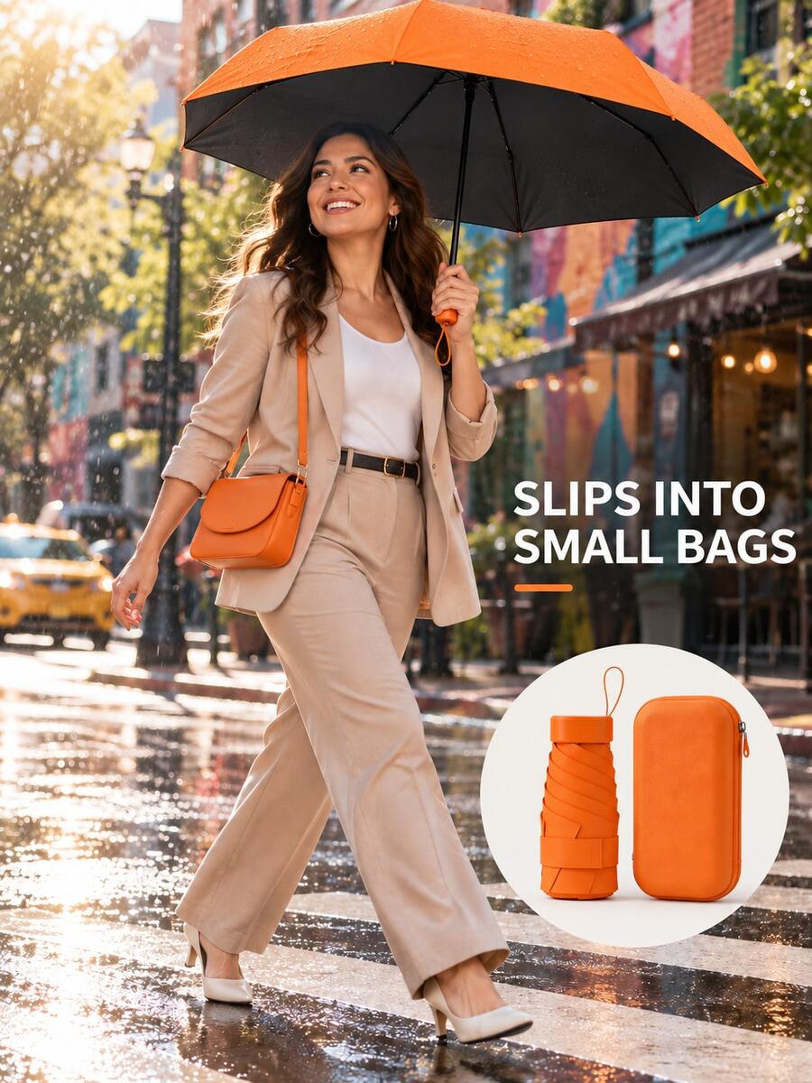1pc Portable Sun Protection Umbrella, Multiple Styles To Match, Comes With Portable Storage Bag, Women's Umbrella, Travel Essential, Beach Essential, Beach Sun Umbrella, Mini Size, Suitable For School, Office, Outdoor, Lightweight Mini Folding Umbrella, Women's Style, Easy To Store In Handbag, Backpack Or Car, Suitable For Sunny And Rainy Weather, Daily Commute And Travel, Halloween, Thanksgiving, Christmas And New Year - A - View 1