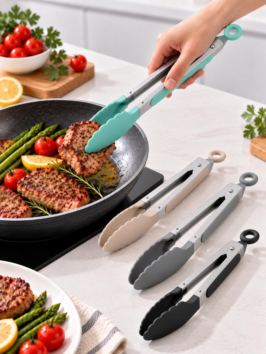 4pcs/2pcs/1pc Stainless Steel Kitchen Tongs With Silicone Tips, Heat Resistant Food Clips, Suitable For Grilling, Cooking, BBQ, Salad, Baking And Kitchen Use, Non-Slip Cooking Tools