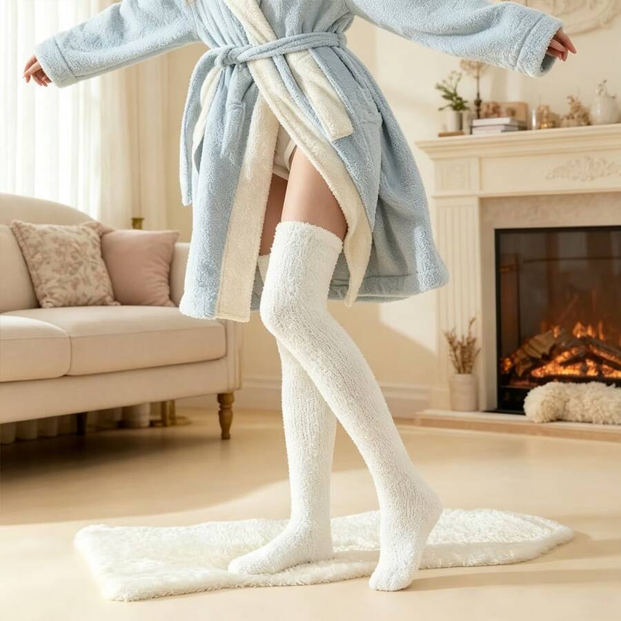 1 Pair Women's Winter Over-The-Knee Coral Fleece Long Socks, Ins Style White Fuzzy Long Leg Socks, Thickened Warm Half-Fleece, High Elasticity No Rolling Down, Knee Protection Cold-Proof, Soft Skin-Friendly No Shedding, Home Sleep Warmth Essential, Gentle Cream White Solid Color, Girls Winter Home Wear Long Socks - Multicolor - View 1