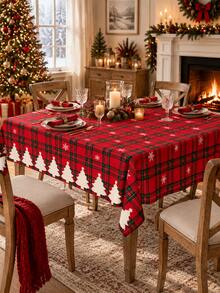 1 buah Taplak Meja Pohon Natal Kotak-kotak Merah, Taplak Meja Bulat/Persegi Gaya Rumah Pertanian Tradisional dari Poliester, Motif Pinggiran Kepingan Salju dan Pohon, Lembut dan Dapat Dicuci, Dekorasi Meja Makan Rumah Musim Dingin untuk Pesta Makan Malam Natal - MultiWarna - View 4
