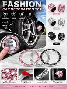 5pcs Sparkling Rhinestone Car Accessories Set: 1pc Double Row Engine Start Button Ring & 4pcs Crystal Tire Valve Stem Caps, Suitable For Women - 2-piece Valve Stem & Start Ring Set - View 2