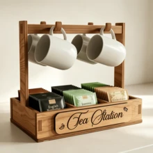 Wooden Tea Bag Storage Rack With Mug Hook, Desktop Multi-Compartment Tea Bag Organizer, Coffee Bar Countertop Shelf, Gift - Camel - View 5