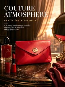 Armani Premium Red Envelope Clutch Bag For Women, Luxury Gold Round Emblem Makeup Storage Bag, PU Leather Handbag, Women's Toiletry Bag, Versatile Clutch For Commute, Date And Party - Red Envelope Bag - View 4