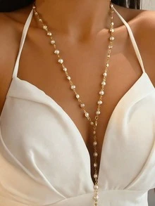 3pcs Punk Hip Hop Pearl Inlaid Square Necklace, Designer Ins Asymmetrical Beaded Layered Necklace - Gold - View 3