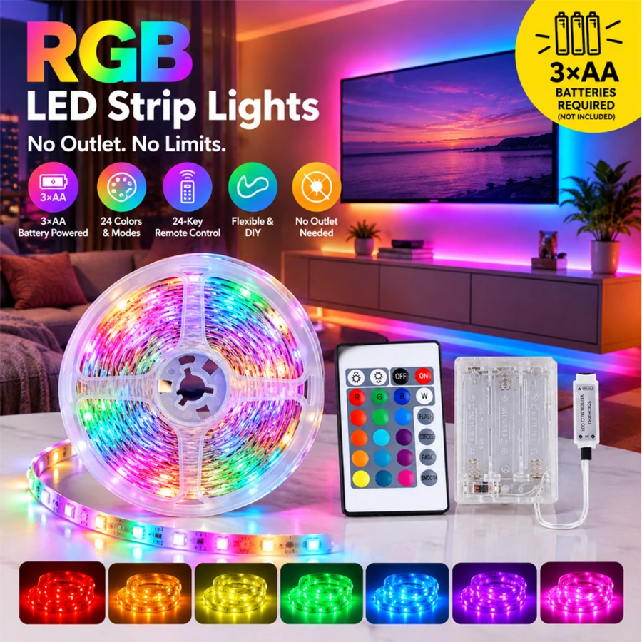 TV Backlight LED Strip, Battery Powered RGB LED Light Strip With 24-Key Remote Control, Color Changing Decorative Light Bar, Suitable For Bedroom, Living Room, TV, Party, Christmas, Halloween And Home Decor - 24K+3535RGB - View 1