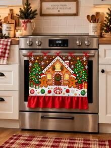 Christmas Gingerbread House Oven Door Curtain, Scalloped Edge Gingerbread Man & Christmas Tree Print Oven Handle Cover With Red Ribbon Tie, Kitchen Holiday Decor - Christmas Gingerbread House - View 4