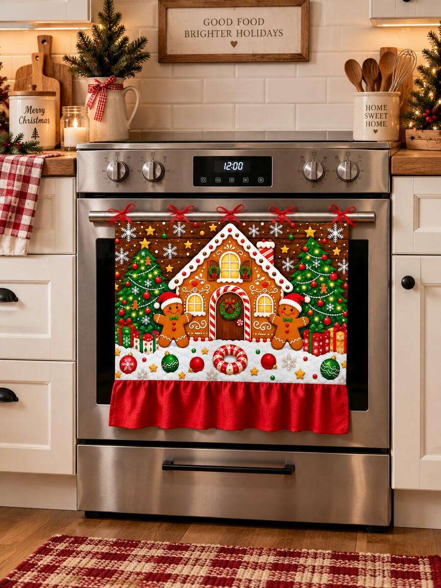 Christmas Gingerbread House Oven Door Curtain, Scalloped Edge Gingerbread Man & Christmas Tree Print Oven Handle Cover With Red Ribbon Tie, Kitchen Holiday Decor - Christmas Gingerbread House - View 1