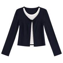 Navy Blue Ditsy Floral Faux Two Pieces Long Sleeve T-Shirt, Slim Fit Base Layer, Designer Style Beautiful Top, Autumn Clothing - Navy Blue - View 8