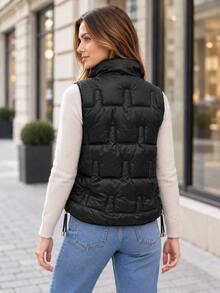 Women's Stand Collar Lightweight Padded Vest, Geometric Quilted Zip-Up Sleeveless Jacket With Pockets And Drawstring Hem - Black - View 3