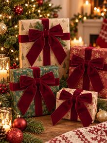 12/24pcs Christmas Velvet Bow Ornaments, Burgundy Long Tail Ribbon Bows For Christmas Tree, Wreath, Garland, Gifts & Holiday Party Decorations - Bow - View 3