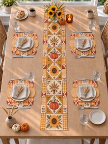 1 Set Autumn Harvest Pumpkin Sunflower Wheat Table Runner & Placemat Set, Orange Plaid Patchwork Farmhouse Dining Table Decor, Rustic Fall Thanksgiving Kitchen Decoration, Harvest Party Home Dining Room Seasonal Tabletop Decor - Multicolor - View 5
