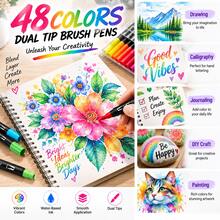 48 Colors Dual Tip Watercolor Markers, Fine Point & Flexible Brush Head Water-Based Ink Pens, Suitable For Painting, Sketching, Coloring, Calligraphy, Handwriting And Creative Art Projects - White - View 6