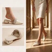 Women Pointed Toe Embossed Backless Mules, Beige Slip On Slide Sandals, Linen Strap Gold Decor Low Block Heel Elegant Summer Shoes - Apricot - View 7