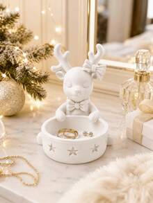 1pc 3D Printed Christmas Reindeer Jewelry Tray, Bowknot Decor, Ring Earring Necklace Storage, Desktop Ornament - Multicolor - View 1