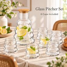 Glass Carafe And 6 Cup Set, 1245ml Water Jug For Dining Table Kitchen - Clear - View 5