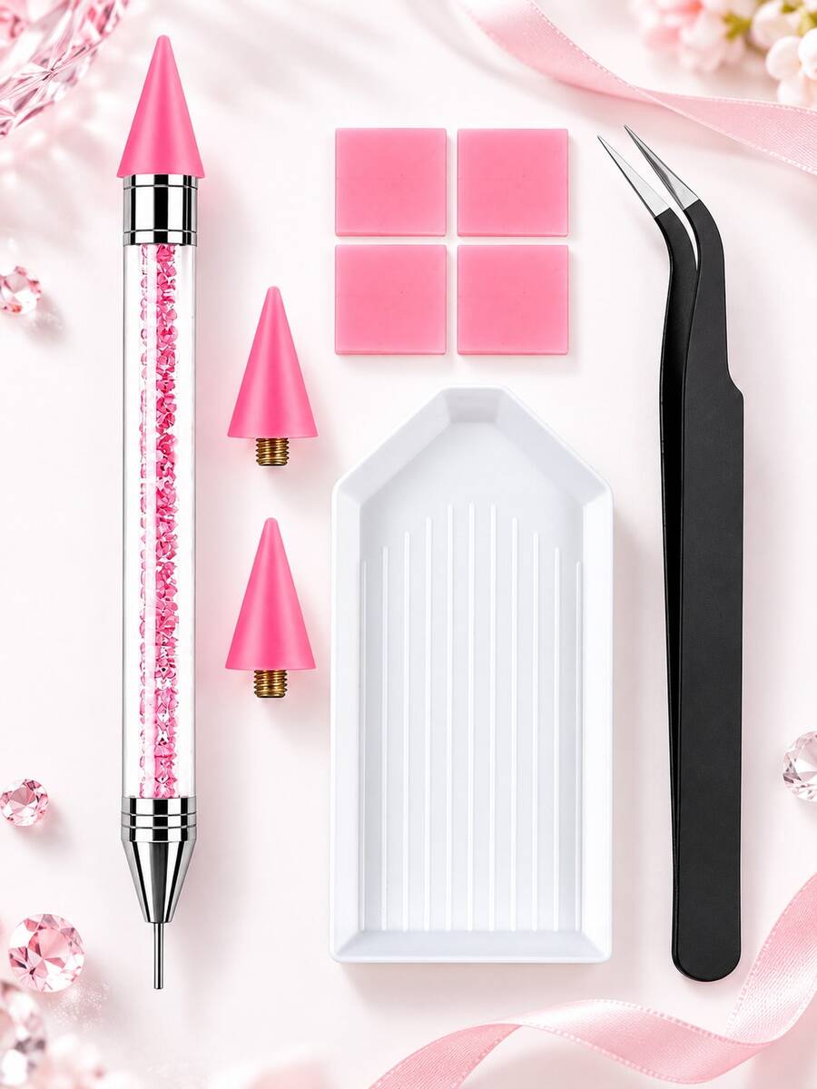 1 Set Dual-Head Rhinestone Pickup Wax Pencil Kit - Crystal Diamond Painting Tool Set, Includes 2 Replaceable Wax Pencil Tips, 4 Pieces Of Clay, Tray And Tweezers, Suitable For Nail Art Decorations, 5D Diamond Painting, Decorative Stickers And DIY Crafts - Rhinestone Picker - View 1