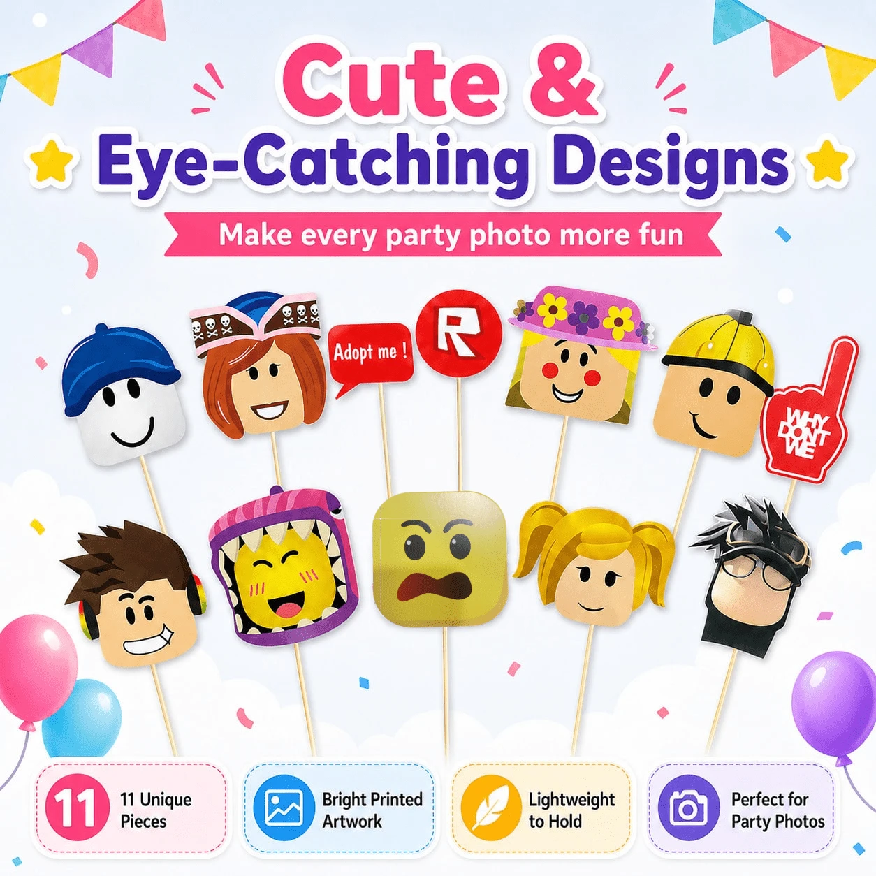 Roblox 12pcs Party Photo Props Set, 5.12 Inch Adopt Me Theme Hollow Cards, 12 Vibrant Color Styles, Durable Cardstock Material, Clear Printing, Lightweight & Reusable, Suitable For Birthday Parties, Themed Events, Photo Booths And Family Gatherings - A - View 1