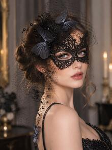 Women's Black Lace Masquerade Mask, Feather Butterfly Beaded Veil Half Face Mask, Gothic Style Venetian Halloween Party Cosplay Costume Accessory - Black - View 10
