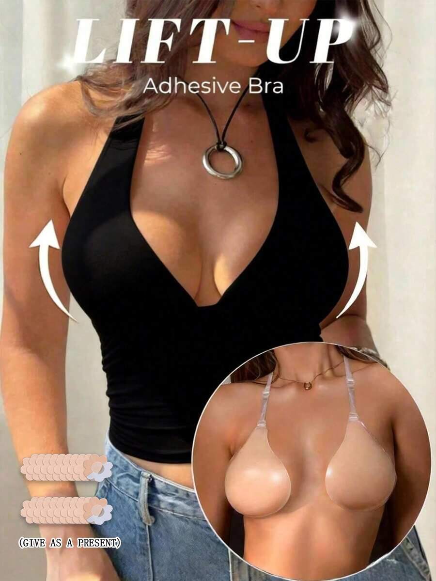 1pc Spaghetti Strap Spoon-Shaped Silicone Breast Pad With Transparent Adjustable Detachable Neck Strap, Self-Adhesive Support Padding, Lightweight Soft Camisole, Sleeveless Dress And Exposed Neckline Daily Wear, Suitable For Adjustable Neckline Invisible Push-Up Bra, Soft Inner Layer For Skin Care, Perfect For Party Dresses And Everyday Wear - Thick style - View 1