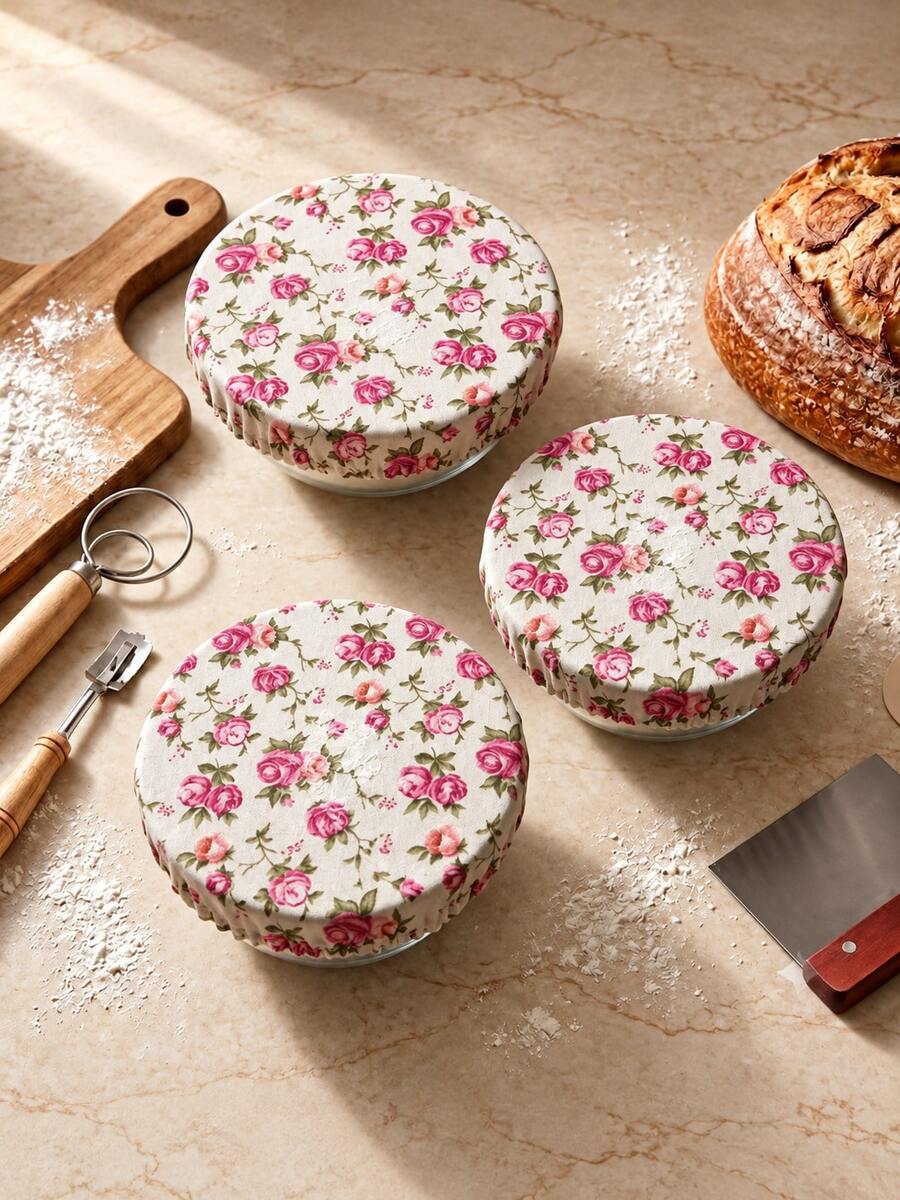 3/6pcs Elastic Bowl Cover Set, Rose Floral Fabric Food Covers, Suitable For Bowls, Containers, Bread Dough, Baking And Kitchen Food Storage - Multicolor - View 1