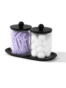 1/2pcs Transparent Bathroom Storage Jars With Lids And Black Tray, Cotton Swab & Dental Floss Holder, Suitable For Vanity Countertop - Multicolor - View 1