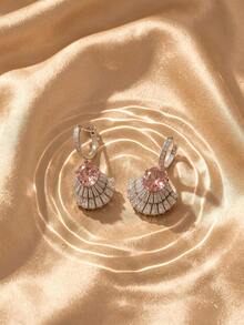 Swarovski 1pair Silver Tone Shell Shape Drop Earrings For Women, Pink Accent Dangle Earrings For Party Wedding - Silver - View 5