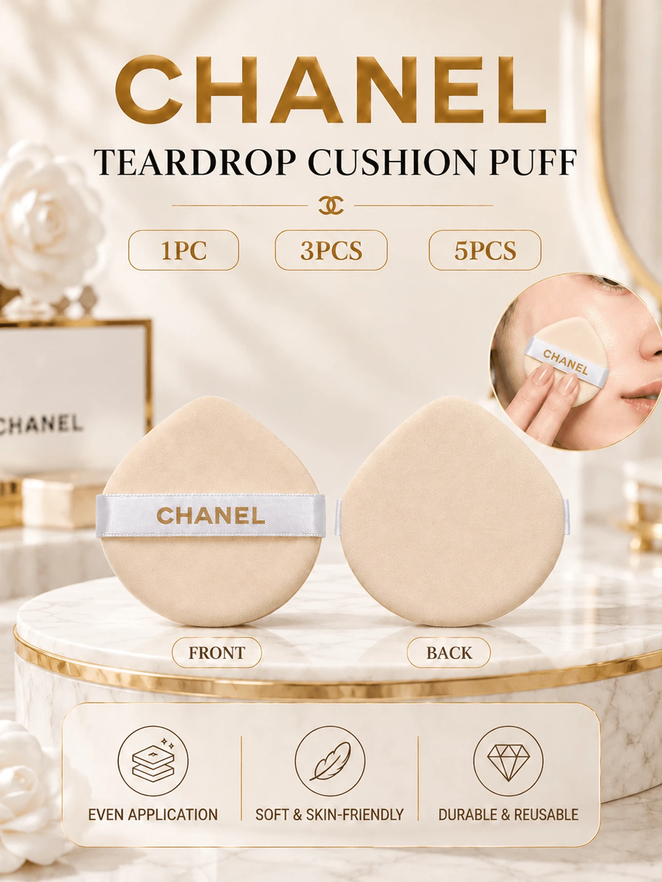 Chanel Teardrop Cushion Puff, 5.2cm, 1PC/3PCS/5PCS, Soft And Skin-Friendly, Suitable For Dry And Wet Use, Ideal For Cushion Foundation Application