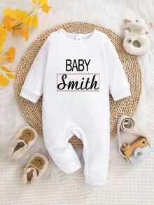 [Custom] Unisex Baby Romper With Round Neck And Long Sleeves, Support Personalized Name Customization, Baby Girl Casual And Comfortable Style, Soft And Cozy, Ideal For Outdoor Wear - White - View 1