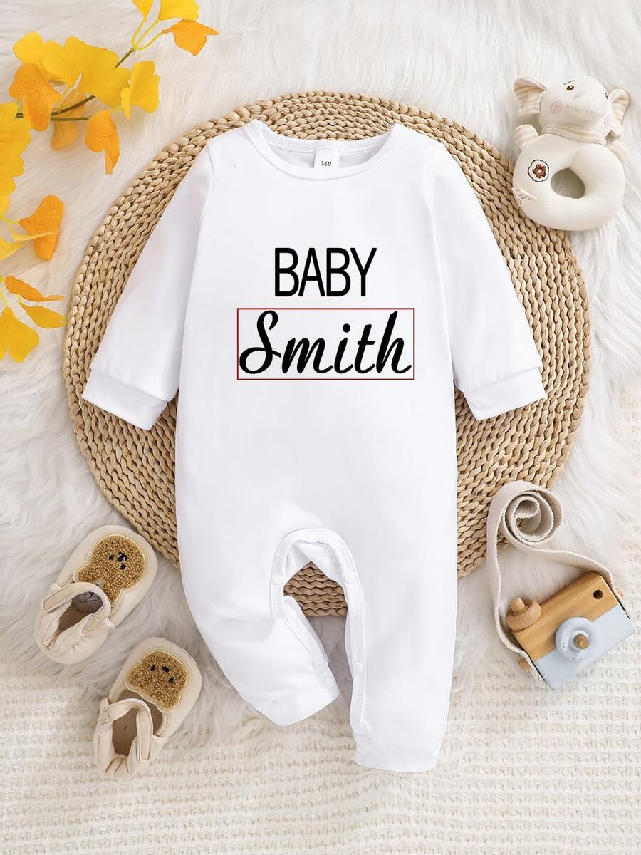[Custom] Unisex Baby Romper With Round Neck And Long Sleeves, Support Personalized Name Customization, Baby Girl Casual And Comfortable Style, Soft And Cozy, Ideal For Outdoor Wear - White - View 1