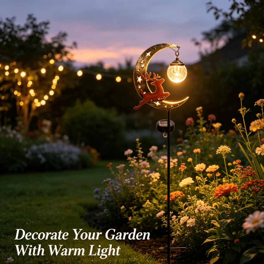Solar Powered Moon & Reindeer Garden Ground Stake Light, Outdoor Waterproof Iron Crescent Moon Landscape Light, Garden Christmas Holiday Lawn Atmosphere Decorative Light - Crescent Moon Deer Training Ground Light - View 1