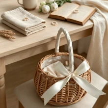 Handmade Woven Rattan Mini Handheld Flower Basket With Ribbon Bow, Exquisite Floral Arrangement Decorative Container, Outdoor Camping Picnic Fruit Storage Basket, Home Desktop Cabinet Sundries Organizer Storage Basket, Wedding Favor Photography Prop Versatile Woven Small Basket - Beige - View 13